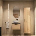 Hangend naturel eiken badkamermeubel 60 cm met enkele lade en granieten blad met witte waskom