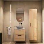 Modern naturel eiken badkamermeubel 60 cm met dubbele lade, vlak front en grijs limestone blad met witte waskom