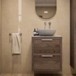 Hangend donker eiken badkamermeubel 60 cm met twee lades en grijs limestone blad