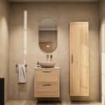 Hangend naturel eiken badkamermeubel 60 cm met dubbele lade en limestone blad met witte waskom