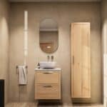 Hangend massief eiken wastafelmeubel 60 cm met twee lades en Bianco Carrara marmer met keramische waskom