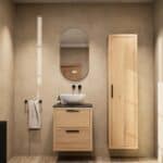 Hangend naturel eiken badkamermeubel 60 cm met dubbele lade en granieten blad met witte waskom