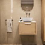 Hangend naturel eiken badkamermeubel 60 cm met één lade en witte solid surface waskom