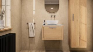 Hangend naturel eiken badkamermeubel 60 cm met één lade en witte solid surface waskom