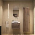 Hangend donker eiken wastafelmeubel 60 cm met enkele lade en solid surface blad met waskom