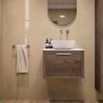 Hangend donker eiken wastafelmeubel 60 cm met enkele lade en solid surface blad met waskom