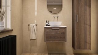 Hangend donker eiken wastafelmeubel 60 cm met enkele lade en solid surface blad met waskom
