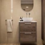 Hangend donker eiken wastafelmeubel 60 cm met dubbele lade en solid surface blad met waskom