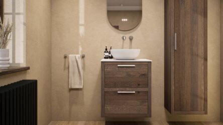 Hangend donker eiken wastafelmeubel 60 cm met dubbele lade en solid surface blad met waskom