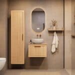 Hangend houten badkamermeubel 60 cm met één lade en naturel eiken blad met witte waskom