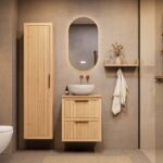 Hangend naturel eiken badkamermeubel 60 cm met twee lades en naturel eiken blad met witte waskom