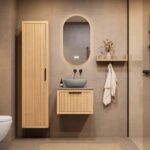 Hangend houten badkamermeubel 60 cm met één lade en grijs limestone blad met witte waskom