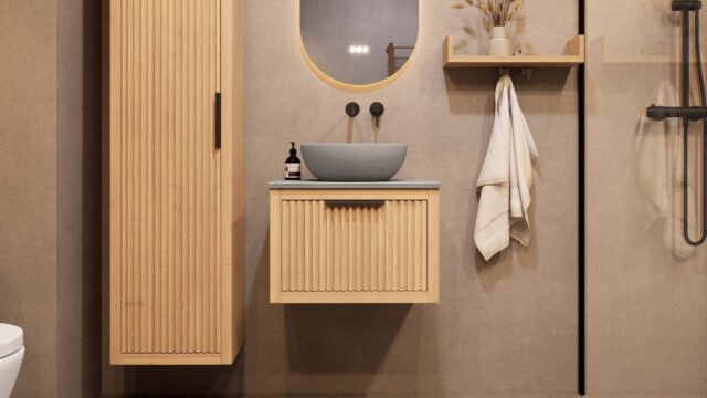 Hangend houten badkamermeubel 60 cm met één lade en grijs limestone blad met witte waskom