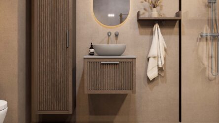Hangend eiken badkamermeubel 60 cm met één lade en grijs limestone blad met keramische waskom