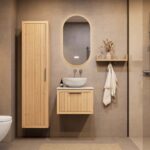 Hangend modern naturel eiken badkamermeubel 60 cm met vlak front, één lade en marmer blad met waskom