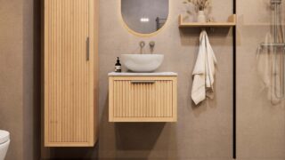 Hangend modern naturel eiken badkamermeubel 60 cm met vlak front, één lade en marmer blad met waskom