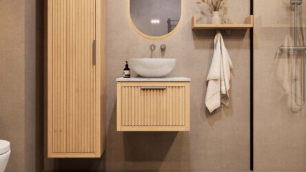 Hangend modern naturel eiken badkamermeubel 60 cm met vlak front, één lade en marmer blad met waskom