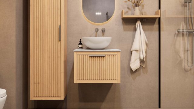 Hangend modern naturel eiken badkamermeubel 60 cm met vlak front, één lade en marmer blad met waskom