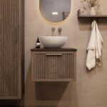 Modern hangend donker eiken badkamermeubel 60 cm met ribbelfront, één lade en granieten blad met witte waskom