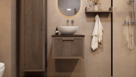 Modern hangend donker eiken badkamermeubel 60 cm met ribbelfront, één lade en granieten blad met witte waskom