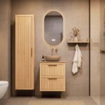 Modern naturel eiken badkamermeubel 60 cm met twee lades en limestone blad met witte waskom