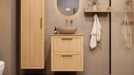 Modern naturel eiken badkamermeubel 60 cm met twee lades en limestone blad met witte waskom