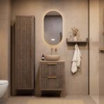 Modern donker eiken badkamermeubel 60 cm met twee lades en limestone blad met witte waskom