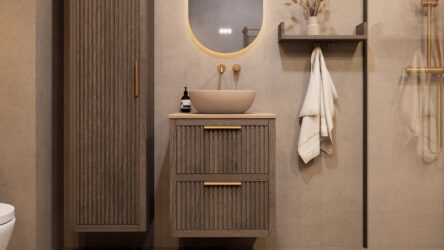 Modern donker eiken badkamermeubel 60 cm met twee lades en limestone blad met witte waskom