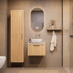 Hangend naturel eiken badkamermeubel 60 cm met één lade en solid surface blad met witte waskom