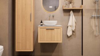 Hangend naturel eiken badkamermeubel 60 cm met één lade en solid surface blad met witte waskom
