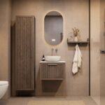 Hangend eiken wastafelmeubel 60 cm met ribbelfront, solid surface blad en ronde witte opbouwwaskom