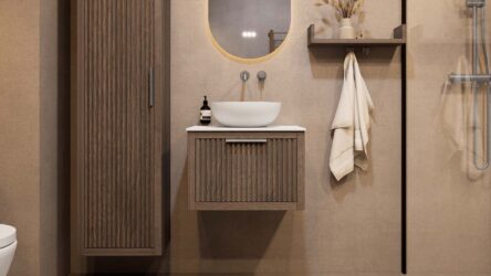 Hangend eiken wastafelmeubel 60 cm met ribbelfront, solid surface blad en ronde witte opbouwwaskom