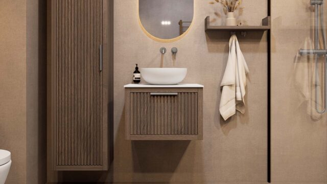 Hangend eiken wastafelmeubel 60 cm met ribbelfront, solid surface blad en ronde witte opbouwwaskom