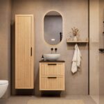 Compact eiken wastafelmeubel 60 cm met ribbelfront, twee lades en granieten blad met witte waskom