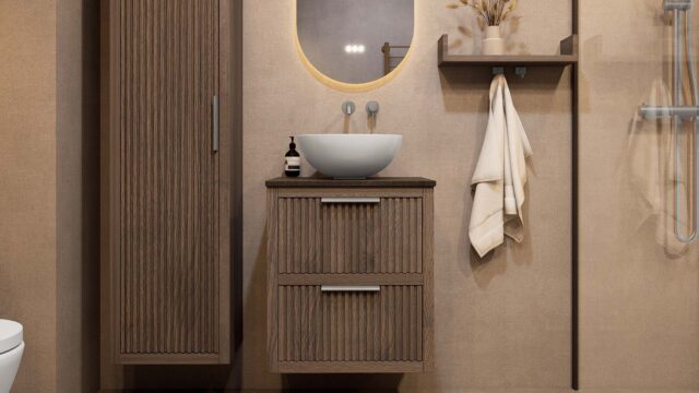 Hangend houten badkamermeubel 60 cm met ribbelfront, dubbele lade en donker granieten blad met waskom