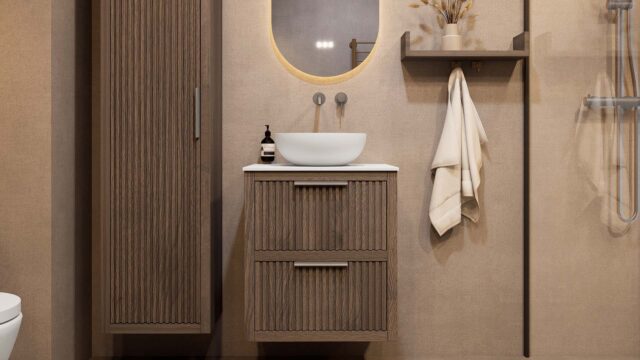 Hangend donker eiken badkamermeubel 60 cm met ribbelfront, twee lades en solid surface blad met witte waskom