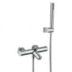 Moderne thermostatische bad/douchekraan in chroom, geleverd als complete set met handdouche, doucheslang en wandhaak. Onderdeel van de Diamond serie, verkrijgbaar in 5 kleuren en direct uit voorraad leverbaar.