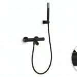 Stijlvolle thermostatische bad/douchekraan in mat zwart. Geleverd als complete set met handdouche, doucheslang en wandhaak. Verkrijgbaar in 6 kleuren.