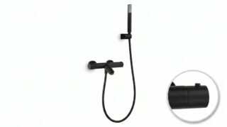 Stijlvolle thermostatische bad/douchekraan in mat zwart. Geleverd als complete set met handdouche, doucheslang en wandhaak. Verkrijgbaar in 6 kleuren.