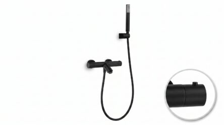 Stijlvolle thermostatische bad/douchekraan in mat zwart. Geleverd als complete set met handdouche, doucheslang en wandhaak. Verkrijgbaar in 6 kleuren.