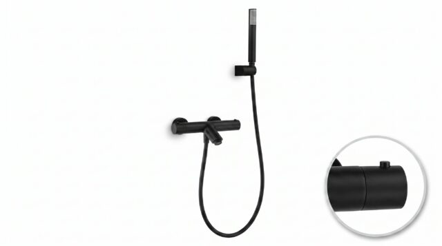 Stijlvolle thermostatische bad/douchekraan in mat zwart. Geleverd als complete set met handdouche, doucheslang en wandhaak. Verkrijgbaar in 6 kleuren.