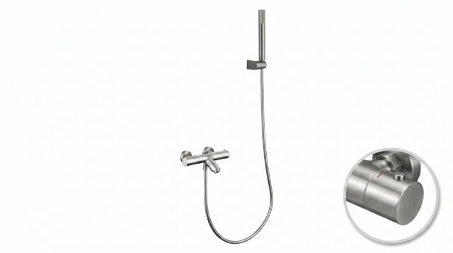 Stijlvolle thermostatische bad/douchekraan in geborsteld nikkel. Geleverd als complete set met handdouche, doucheslang en wandhaak. Verkrijgbaar in 6 kleuren.