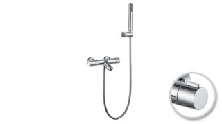 Moderne thermostatische bad/douchekraan in chroom, geleverd als complete set met handdouche, doucheslang en wandhaak. Onderdeel van de Riva Bella serie, verkrijgbaar in 6 kleuren en direct uit voorraad leverbaar.