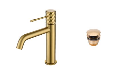 Moderne lage wastafelkraan in geborsteld goud voor een badmeubel met wastafel, geleverd als complete set inclusief bijpassende clickwaste met duurzame PVD-coating. De clickwaste is een handige pop-up afvoer die je eenvoudig opent en sluit door erop t