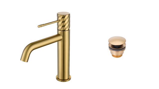 Moderne lage wastafelkraan in geborsteld goud voor een badmeubel met wastafel, geleverd als complete set inclusief bijpassende clickwaste met duurzame PVD-coating. De clickwaste is een handige pop-up afvoer die je eenvoudig opent en sluit door erop t
