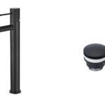 Moderne hoge wastafelkraan in mat zwart voor een badmeubel met waskom, geleverd als complete set inclusief bijpassende clickwaste met duurzame PVD-coating. De clickwaste is een handige pop-up afvoer die je eenvoudig opent en sluit door erop te drukke