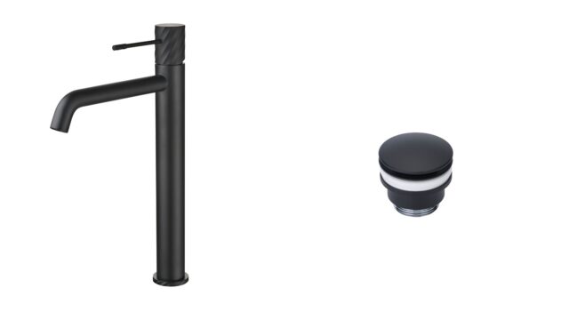 Moderne hoge wastafelkraan in mat zwart voor een badmeubel met waskom, geleverd als complete set inclusief bijpassende clickwaste met duurzame PVD-coating. De clickwaste is een handige pop-up afvoer die je eenvoudig opent en sluit door erop te drukke