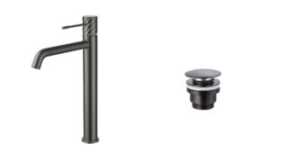 Moderne hoge wastafelkraan in black gun metal voor een badmeubel met waskom, geleverd als complete set inclusief bijpassende clickwaste met duurzame PVD-coating. De clickwaste is een handige pop-up afvoer die je eenvoudig opent en sluit door erop te
