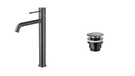 Moderne hoge wastafelkraan in black gun metal voor een badmeubel met waskom, geleverd als complete set inclusief bijpassende clickwaste met duurzame PVD-coating. De clickwaste is een handige pop-up afvoer die je eenvoudig opent en sluit door erop te