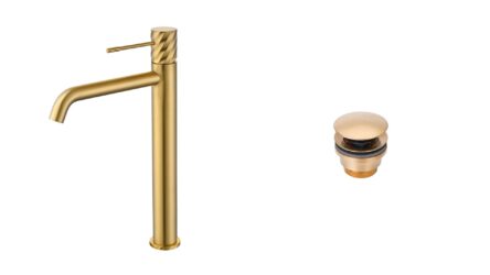 Moderne hoge wastafelkraan in geborsteld goud voor een badmeubel met waskom, geleverd als complete set inclusief bijpassende clickwaste met duurzame PVD-coating. De clickwaste is een handige pop-up afvoer die je eenvoudig opent en sluit door erop te